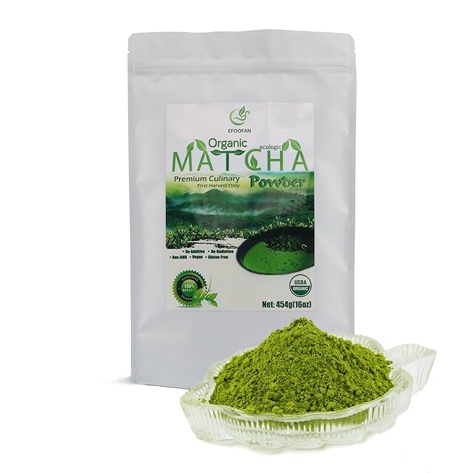 EFOOFAN USDA Organic Matcha Green Tea Powder - Premium Culinary Grade (1lb/16oz) - Rich Tencha Flavor, Antioxidant Polyphenols, Non-GMO, Gluten Free, Naturally Caffeined, Additives Free