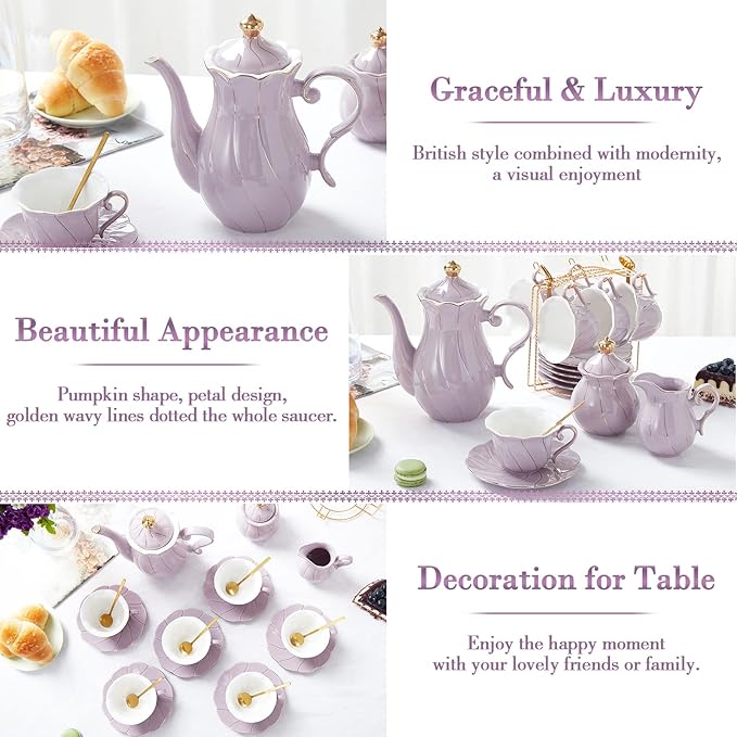 DUJUST 22 pcs Porcelain Tea Set for 6, Luxury British Style Tea/Coffee Cup Set with Golden Trim, Beautiful Tea Set for Women, Tea Party Set, Gift Package (With a Stand) - Purple