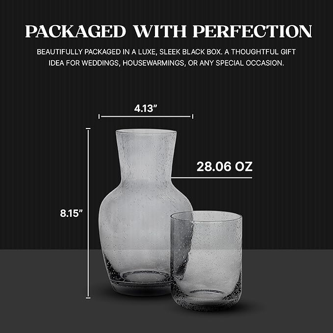 Bruno Magli Bubble Carafe | 2-Pc Set | Drinking Glass Tumbler Doubles as a Lid | Water Pitcher with Matching Cup for Office, Nightstand, Home, & Guest Room Décor | Gift Boxed | 28-Oz (Gray)