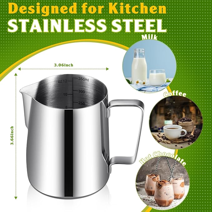 Dandat 4 Pcs Milk Frothing Pitcher Espresso Steaming Pitchers 12 Oz Stainless Steel Milk Steamer Cup Frother Jug for Espresso, Latte Art, Chai Cappuccino Hot Chocolate