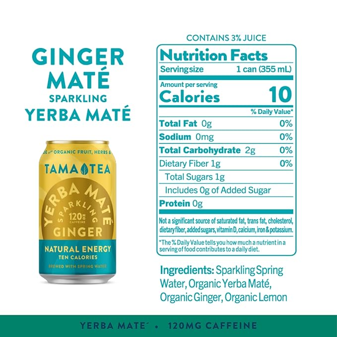 Sparkling Ginger Yerba Mate by Tama Tea - Unsweetened Natural Energy Drink with Real Fruit & Herbs - Healthy Caffeine Drink Alternative - 120mg of Brain-Boosting Caffeine, 10 Calories - 12oz Pack of 12