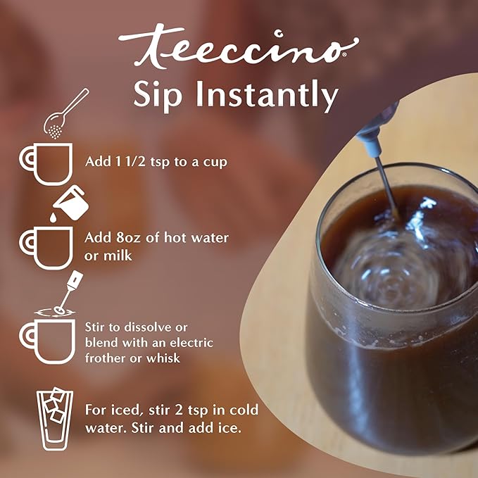 Teeccino Instant Organic Mocha Herbal Coffee– 33 servings – Instant Chicory Coffee Alternative with Lush Chocolate Slightly Sweetened by Dates That’s Prebiotic, Caffeine-Free & Acid Free - 3.53 ounces  