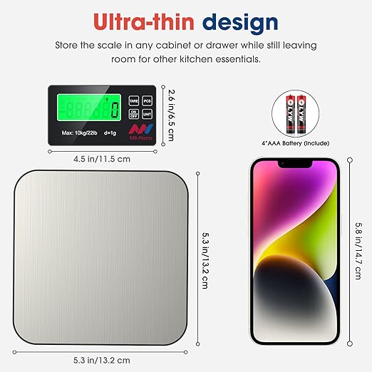 Mik-Nana Food Scale, 22lb Digital Kitchen Scale with 7 Units Wireless LCD Display & Tare Function, Stainless Steel Weight Grams and Ounces for Baking, Cooking and Meal Prep (Batteries Included)