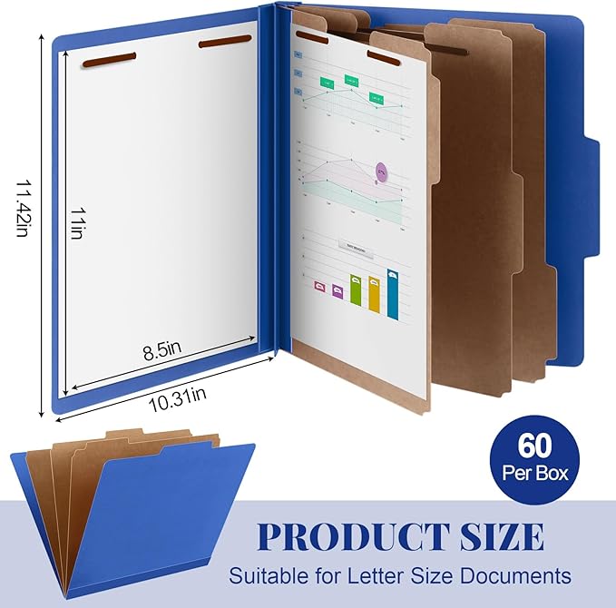 60 Pcs Classification Folders Letter Size, Back to School Supply for Teacher, Student, 3 Dividers Pressboard File Folder Bulk with 2 Fasteners, 3.5 Inch Expanding File Organizer (Dark Blue)