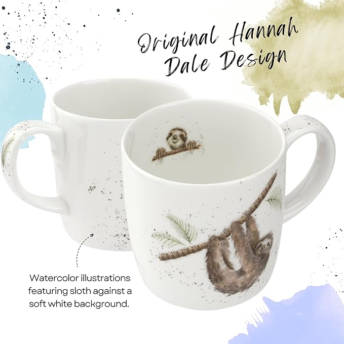 Royal Worcester Wrendale Designs Farmhouse Style Mug, Hanging Around - 14 oz Fine Bone China Mug with Sloth Illustration for Cozy Kitchen Vibes - Floral Drinkware for Daily Comfort