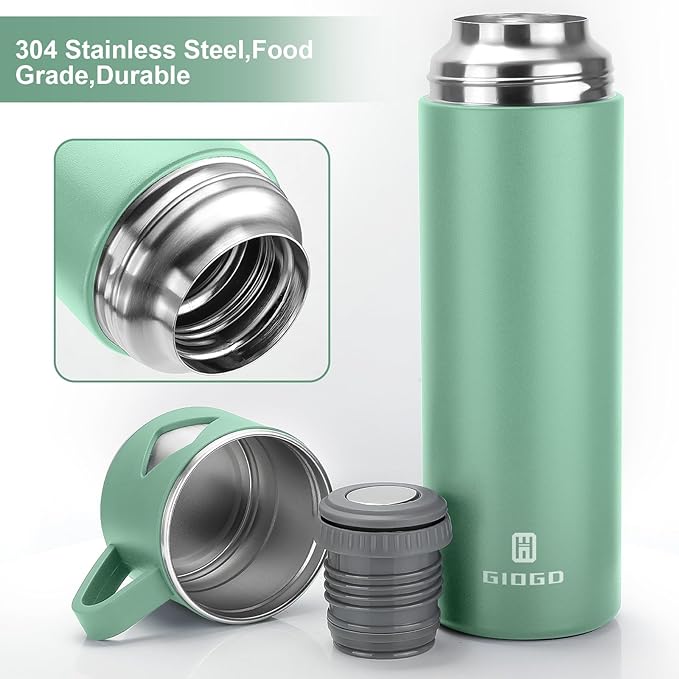 Stainless Steel Thermo 700ml/23.7oz Vacuum Insulated Bottle with Cup for Coffee Hot drink and Cold drink water flask.(Green,Set)