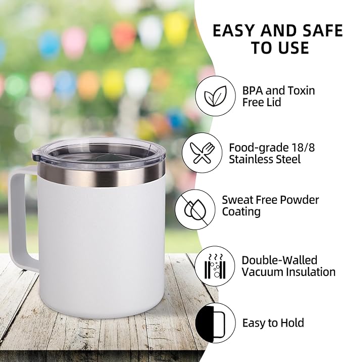 Volhoply 14oz Insulated Stainless Steel Coffee Mug with Lid Bulk 4 Pack,Not Suitable for Sublimation,Double Wall Vacuum Travel Coffee Cup with Handle, Reusable Metal Camping Mugs Keep Cold(White,4)