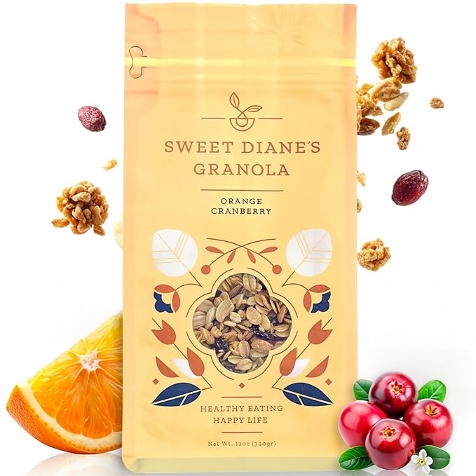 Sweet Diane’s Granola – Standard Size (12 oz): Organic, Low-Sugar, High-Fiber, Gluten-Free, Vegan, Delicious Breakfast and Snack Topper (Classic Size, Orange Cranberry)
