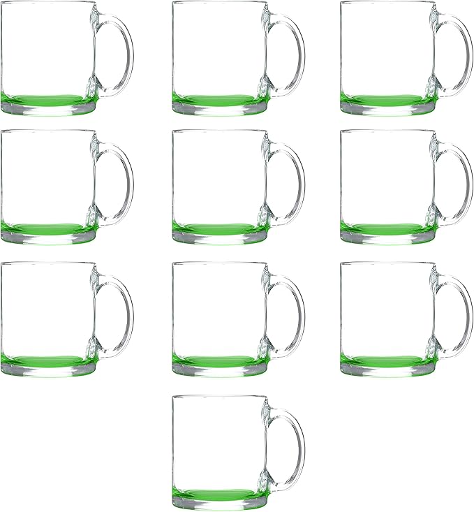 Libbey Clear Glass Coffee Mugs 13 oz. Set of 10, Bulk Pack - Perfect for Coffee, Tea, Espresso, Hot Cocoa, Other Beverages - Green Bottom