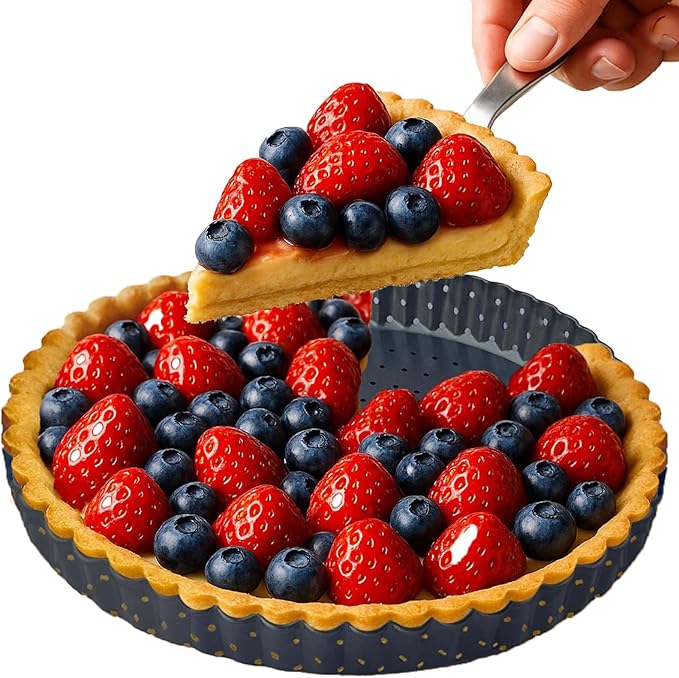 9 Inch Perforated Tart Pan for Crispy Crust w/Pie Cake Server. Removable Bottom, Non-Stick Coating, Rugged Carbon Steel for Tart Quiche Baking. Gift for Women Christmas Thanksgiving Party