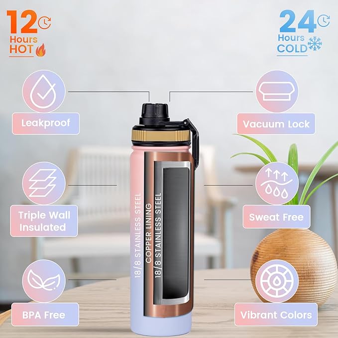 Lexlion Tea Infuser Bottle - Fruit Infuser Water Bottle 22 Oz, Triple Walled Insulated Stainless Steel Bottle, Thermal Leaf, Silicone Sleeve, 3 Lids Leakproof, Metal Mug Gallon