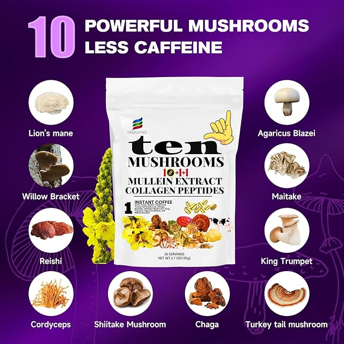 SUNDAFONE Mushroom Coffee with Grass-Fed Collagen, Mullein,Lion's Mane,Reishi and 10 Adaptogenic Mushrooms for Focus,Immunity,Memory,Clarity,Breathing,Skin; Super Instant Collagen Coffee Blend