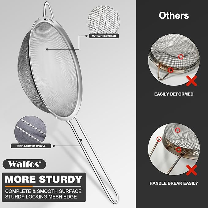 Walfos Fine Mesh Strainers Set, Premium Stainless Steel Colanders and Sifters, with Reinforced Frame Sturdy Handle, Perfect for Sift, Strain, Drain Rinse Vegetables, Pastas Tea - 3 Sizes