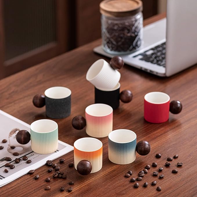Ceramic Mini Espresso Cups Demitasse Cups with Round Wooden Handle Vertical Stripes Tea Cups (Multicolor-B, 4pcs)