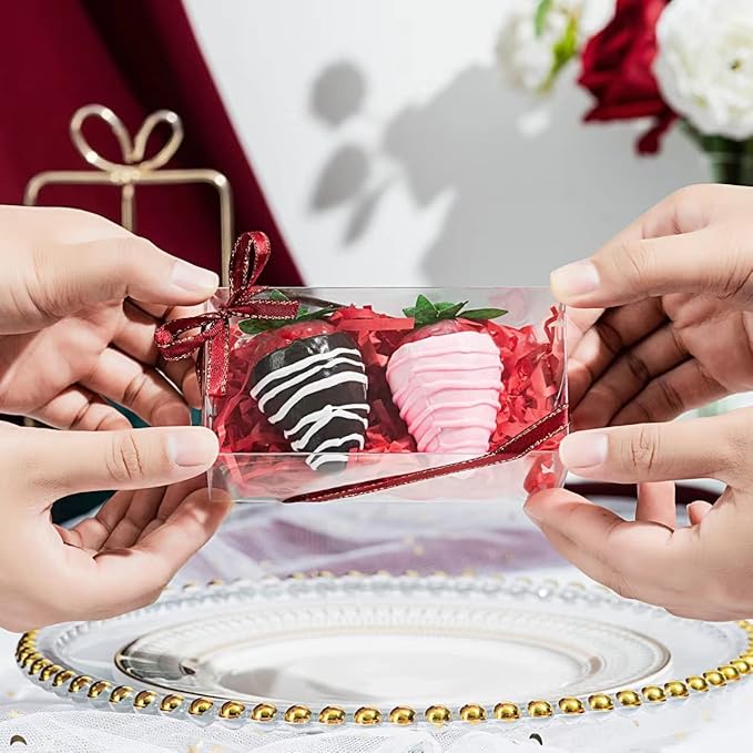 RomanticBaking 50Pack 4 1/2" x 2 1/4"x 2" Clear Chocolate Covered Strawberries Boxes for 2 Macaron Boxes for 4 Bakery Boxes Small Treat Boxes for Wedding Birthday Party