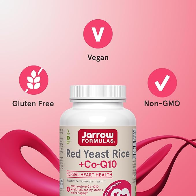 Jarrow Formulas Red Yeast Rice 1200 mg & Co-Q10 100 mg Per Serving - 120 Veggie Caps - 60 Servings - Herbal Heart Health Dietary Supplement - Supports Cardiovascular & Heart Health - Vegan