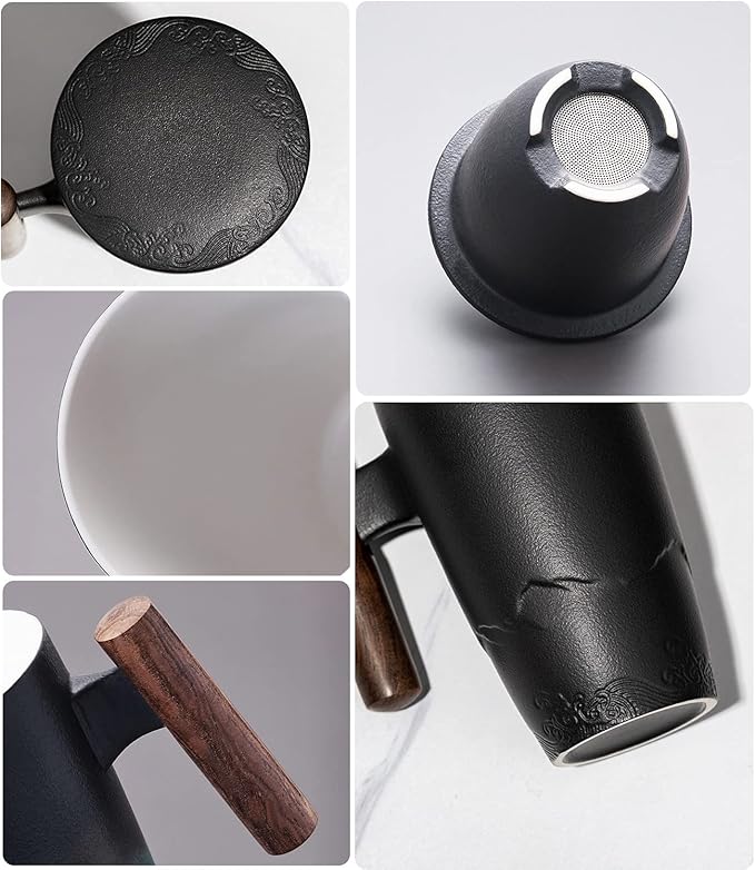 suyika Tomotime Ceramic Tea Cup with Infuser and Lid Tea Mugs Wooden Handle 400ml/13.5oz Black