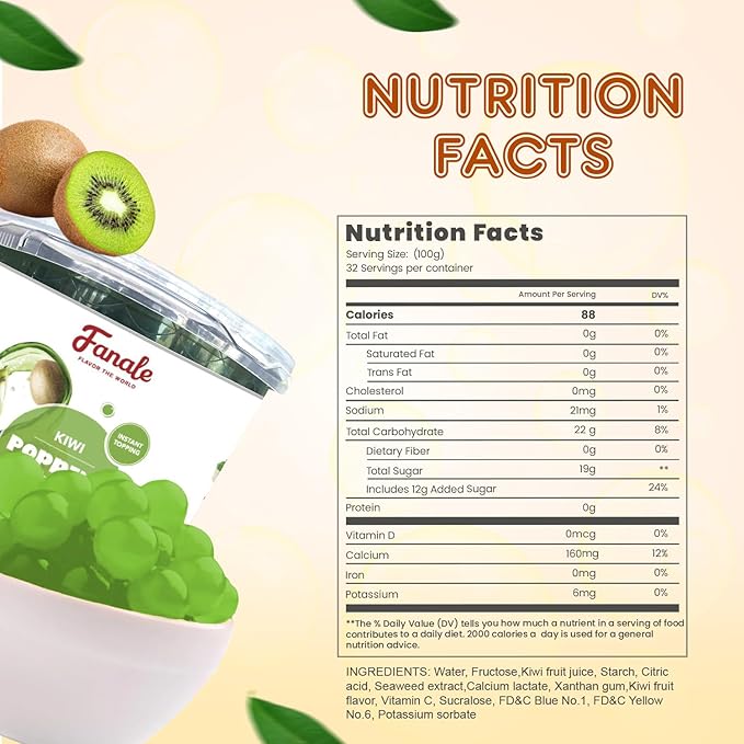 Fanale Kiwi Popping Boba Pearls, Vegan, Non GMO, Gluten Free, Fat Free, Perfect for Bubble Tea, Smoothies, Ice Cream, Desserts, and Beverages.