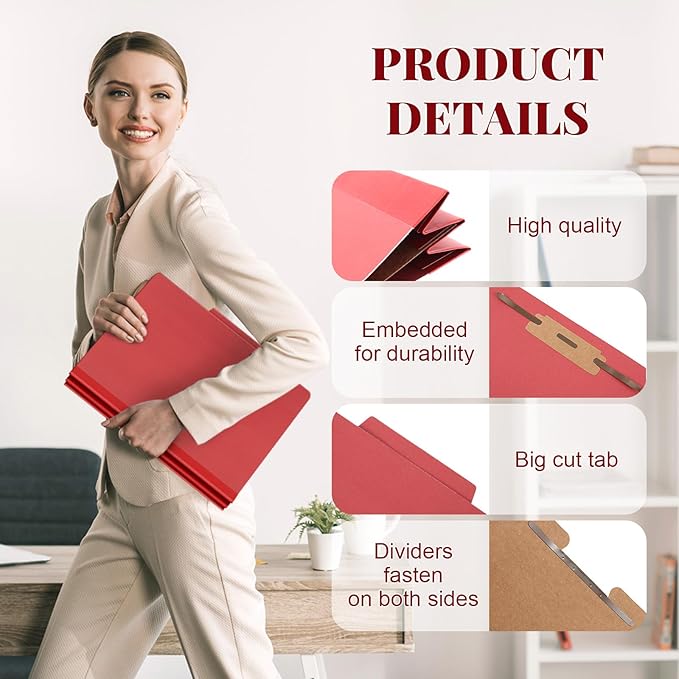12 Pcs Classification Folders Letter Size, Back to School Supply for Teacher, Student, 1 Divider Pressboard File Folder Bulk with 2 Fasteners, 3.5 Inch Expanding File Organizer (Red)