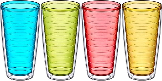 Amazing Abby - Alaska - 24-Ounce Insulated Plastic Tumblers (Set of 4), Double-Wall Plastic Drinking Glasses, Mixed-Color Reusable Plastic Cups, BPA-Free, Shatter-Proof, Dishwasher-Safe