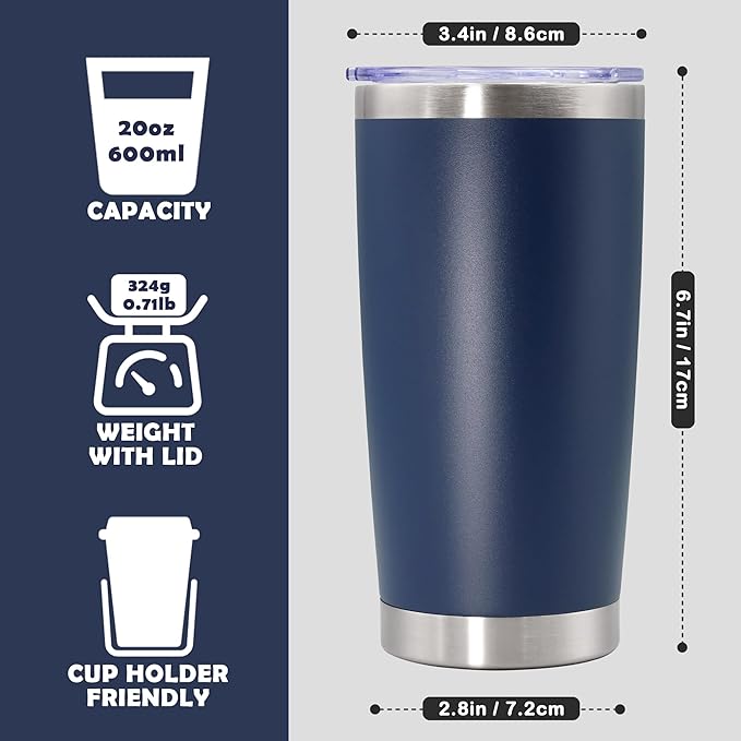 20oz Tumbler Bulk Stainless Steel Tumbler Cup with Lid Vacuum Insulated Double Wall Travel Mug, Durable Powder Coated Travel Coffee Tumbler Mug for Hot & Cold Drinks, Navy,12 Pack