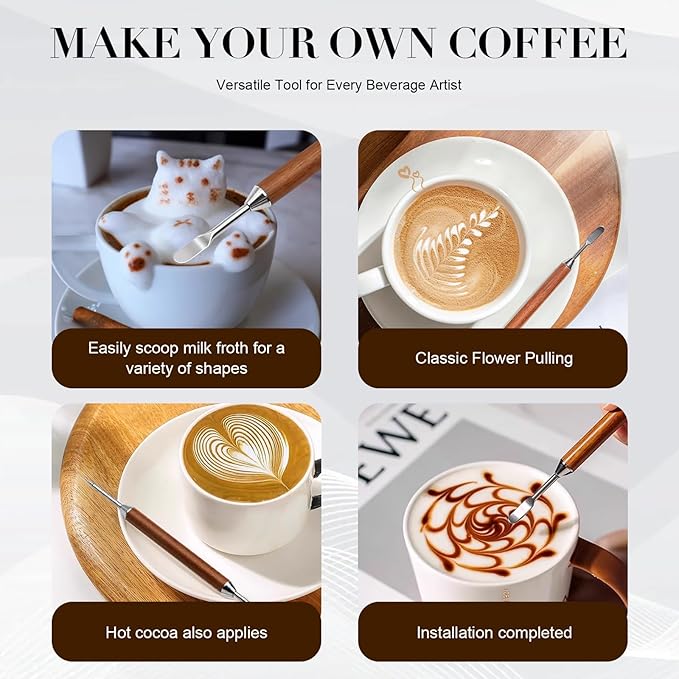 2-Pack Latte Art Pen Set, Stainless Steel Coffee Drawing Tool with Wood Handle, Double-Ended Barista Accessories for Creating Professional Espresso Tools, Home & Travel & Cafe Use