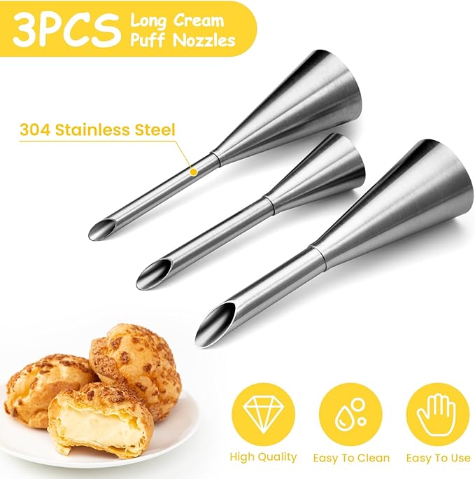 3Pcs Cream Icing Piping Nozzle Tips,Stainless Steel Long Puff Nozzle Tip With 10Pcs Disposable Piping Bags,Puff Pastry Filling Cake Decorating Tools