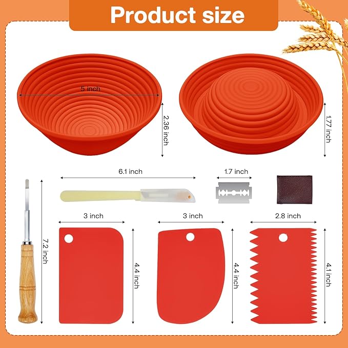 Silicone Banneton, Sourdough Bread Baskets (Set of 6, 5 Inch), Round Proofing Bread Bowls with Starter Kit, Bread Making Baking Supplies