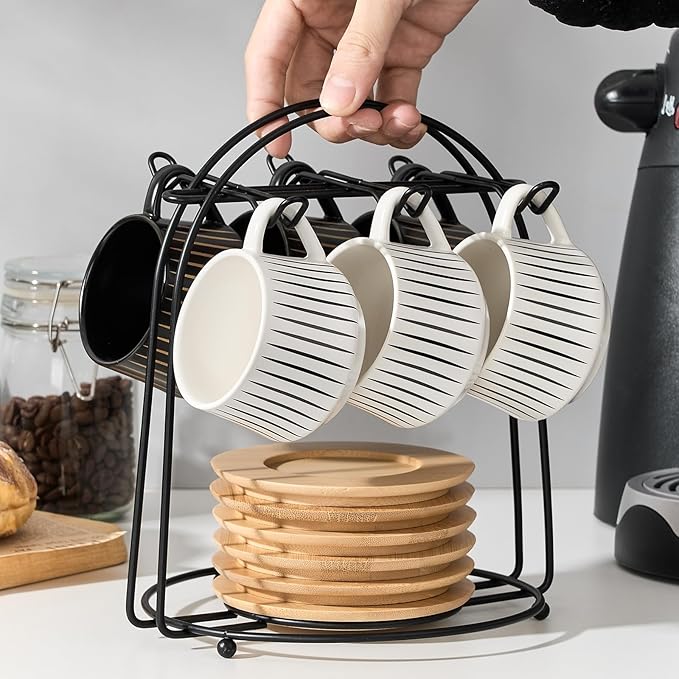 LUKA Ceramic Coffee Espresso Cups with Saucers Set with Metal Holder, 4 oz Porcelain Demitasse Cups For Espresso, Latte, Coffee, Cafe Mocha, Tea, Set of 6, Stripe White & Black