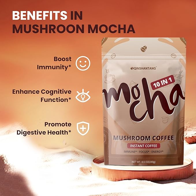 10 IN 1 Mushroom Mocha Coffee Blend, Sugar Free, Coconut, Cocoa Powder with Lion’s Mane, Chaga, Reishi, Cordyceps | Supports Focus, Immunity & Gut Health| Vegan, Gluten-Free, Non-GMO | 6.35Oz