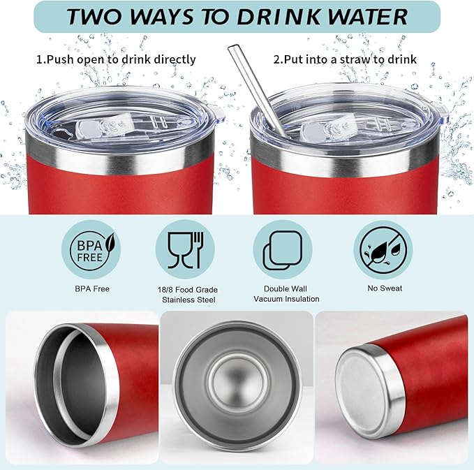 20oz Tumbler with Straw and Brush, Stainless Steel Vacuum Insulated tumbler, Double Wall Insulated Coffee Tumbler for Outdoor, Home, Travel,Office (Bright Red,1pcs)