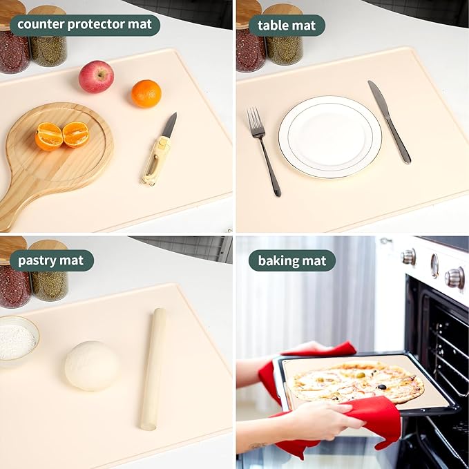 Silicone Baking Mat - Extra Thick Non-Stick Pastry Mat with Measurement Markings, 21"x15" Non-Slip Silicone Pad with Raised Edges（Apricot）