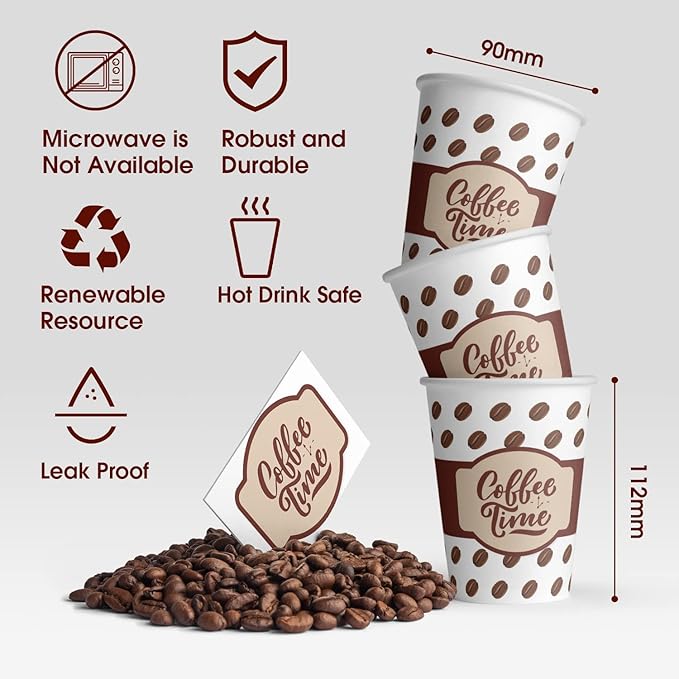 Ginkgo Coffee Cups with Lids 12 oz, 100 Pack Disposable To Go Coffee Cups for Cappuccino, Hot Beverages, Coffee, Cocoa, Chocolate - Coffee Time