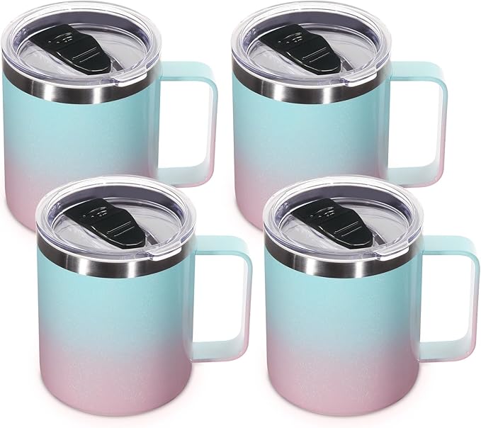 Volhoply 14oz Insulated Stainless Steel Coffee Mug with Lid Bulk 4 Pack,Double Wall Vacuum Travel Coffee Cup with Handle,Reusable Cups Tumbler,Camping Mugs Keep Hot,Ideal Gifts(Green Pink,4)