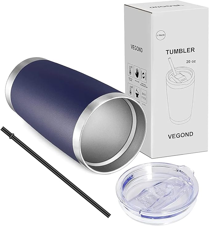 VEGOND 20oz Tumbler with Lid and Straw Stainless Steel Tumbler Cup Vacuum Insulated Double Wall Travel Coffee Mug Powder Coated Coffee Cup(Navy Blue 1 Pack)