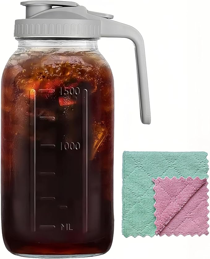 64oz Glass Pitcher Carafes With Handle and Lid, 2 Quart Mason Jar, Large Water Jug, Glass Containers for Fridge, Water Pitcher for Juice, Iced & Sun Tea, Cold Brew Coffee, Homemade Beverage