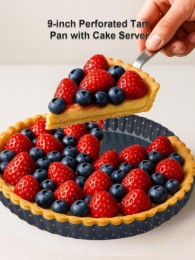9 Inch Perforated Tart Pan for Crispy Crust w/Pie Cake Server. Removable Bottom, Non-Stick Coating, Rugged Carbon Steel for Tart Quiche Baking. Gift for Women Christmas Thanksgiving Party