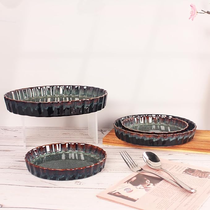 7 Inch Ceramic Pie Pan Quiche Dish 13.5 Ounces Baking Pan, Set of 2 Au Gratin Baking Dishes, Non-Stick Tart Pan, Pie Plate for Apple, Oven Safe, Round Ruffled Edge 7.7 Inch