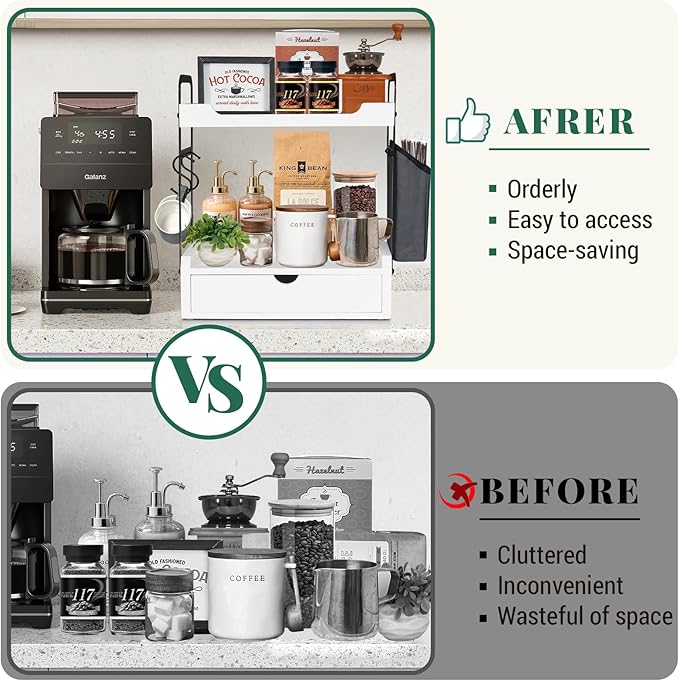 Coffee Station Organizer for Counter, Condiment Storage Caddy for Kitchen with Hooks and Bag,2 Tier Wooden Shelf for Coffee Bar Accessories,Coffee Bar Organizer for Kitchen, Home, Office-Brown