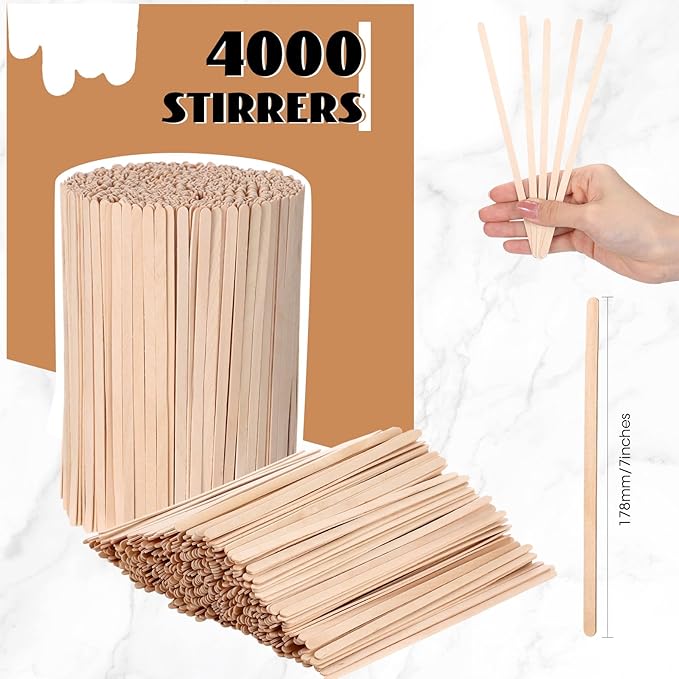 Meanplan 4000 Pack Birch Wood Coffee Stir Sticks 7 Inch Disposable Wooden Coffee Stirrers Bulk Long Tea Stirring Stick Round End Swizzle Beverage Mixer for Cocktail Hot Chocolate Drink Summer