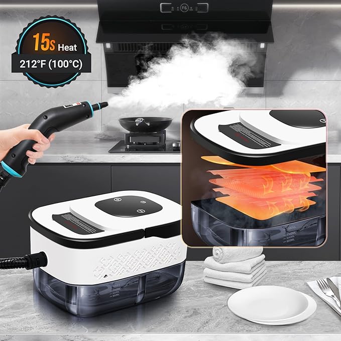 Handheld Pressurized Steam Cleaner. 4Bar for Home, Kitchen, Bathroom, 15s Heat-Up, 6 Adjustable Levels, Large 42.27oz Tank, Portable Steamer for Tile, Grout, Floor, Shower, Walls with 12 Accessories