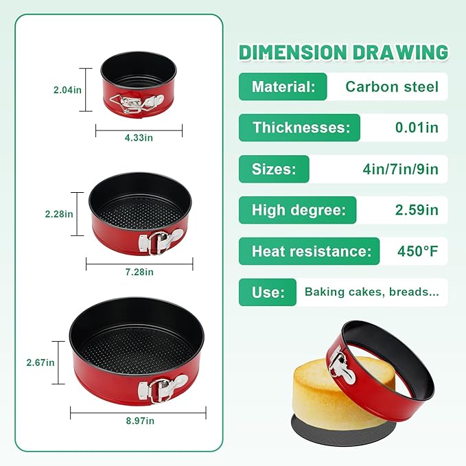Springform Cake Pan Set,Non-Stick Springform Pans Set of 3(4, 7, 9 inches),Leak-Proof Round Cake Pans with Removable Bottom for Baking Cake Pie Pizza and Quiches (Red3)