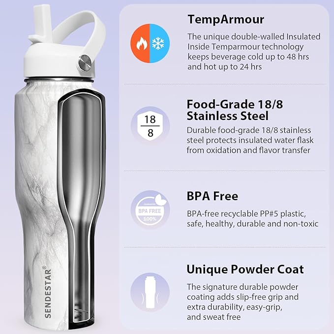 SENDESTAR 40oz Stainless Steel Water Bottle(Cold for 48 Hrs, Hot for 24 Hrs),Double Wall Vacuum Insulated Bottle with Straw Lid, Spout Lid and Flex Cap, Fit in Any Car Cup Holder TXIN-40-Marbling