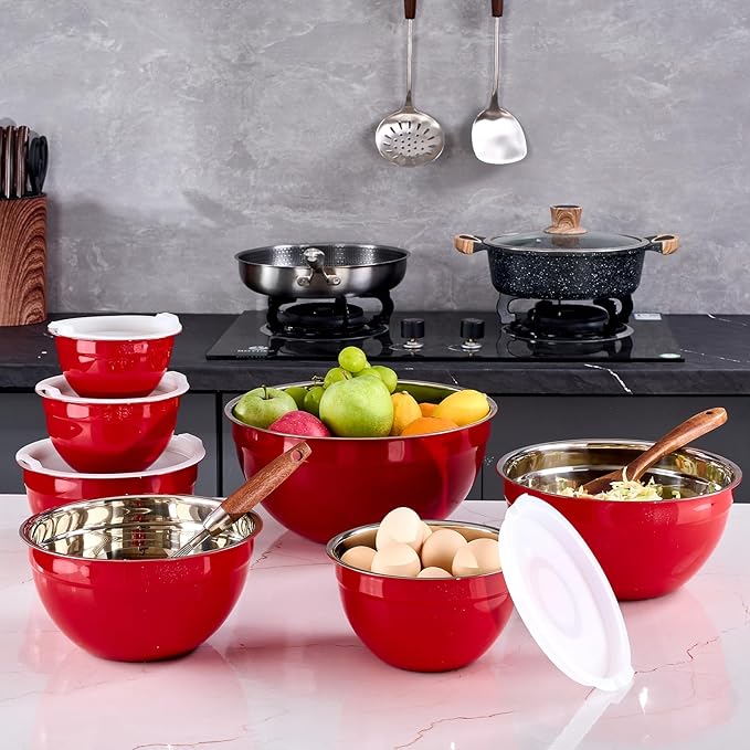 Red Mixing Bowls With Airtight Lids,Stainless Steel Bowl,Salad Bowls 7 Piece Colorful Nesting Bowl Red Kitchen Accessories,Size 7,3.6,2.7,2.1,1.5,1.1,0.8QT Stackable Design
