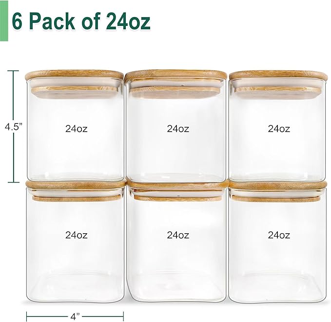 Urban Green Glass Jars with Airtight Lids, Airtight Glass Canisters with Locking Lids, (Bamboo-6P-24oz)