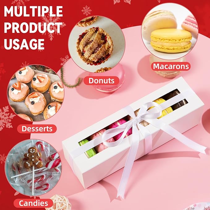 HAPPY POTATO 30 Pack Macaron Boxes for 4 or 5, 4×1.9×1.9 Inches, Macaron Packaging Boxes, Pink Macaron Box with Clear Window, Macaron Container Gift Boxes with Ribbon