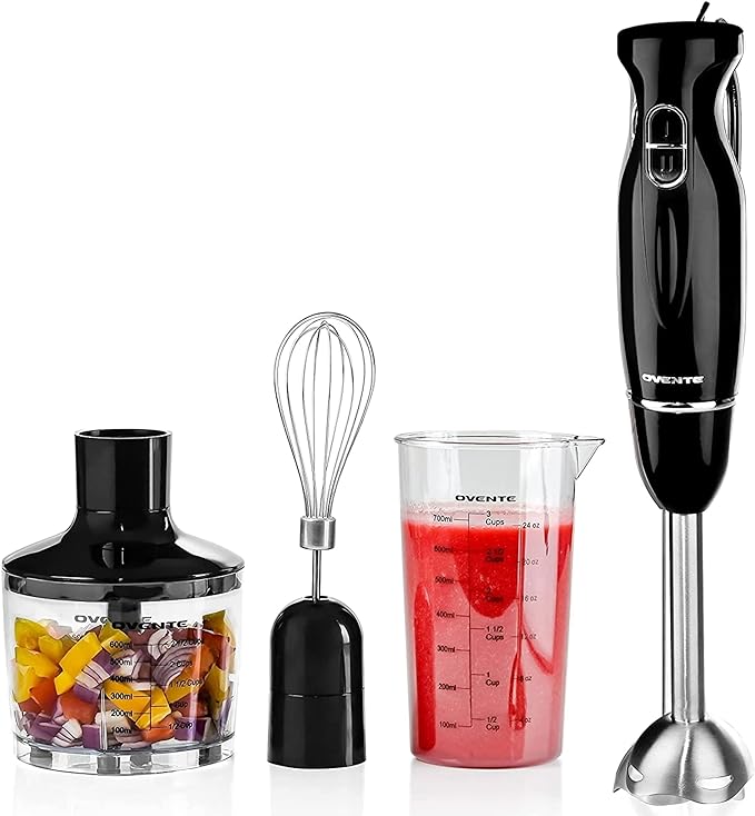OVENTE Immersion Hand Blender, 300W Electric Handheld Portable Stick Mixer Set with 2 Mixing Speed, Stainless Steel Blades, Egg Whisk Attachment, Mixing Beaker and BPA-Free Food Chopper, Black HS565B
