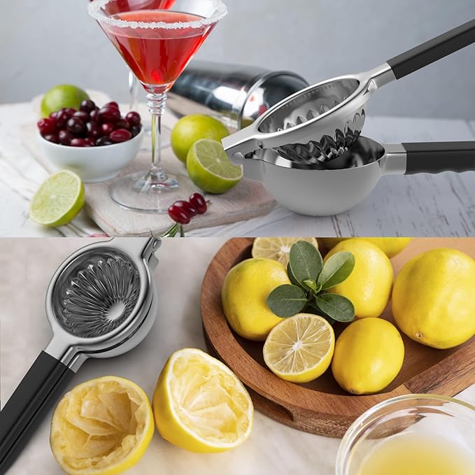 Stainless Steel Lemon Squeezer - Metal Citrus Juicer - Lime Lemon and Fruit Juicer with Silicone Handles - Large Manual Citrus Press Juicer - Hand Held Squeezer - Ergonomic Design with Solid