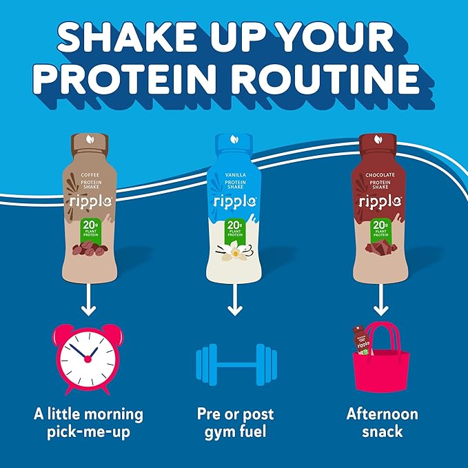 Ripple Plant Based Protein Shake Variety Pack | 20g of Quality Sourced Pea Protein, Calcium Rich | Shelf Stable | Vegan & Non GMO | Dairy, Soy, Nut, & Gluten Free | 12 Fl Oz Bottles (Pack of 12)