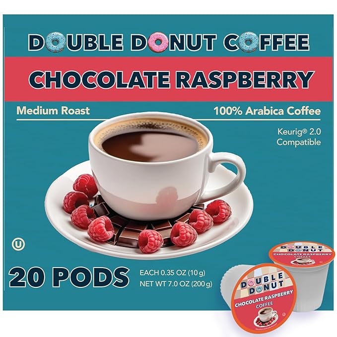 Double Donut Coffee Chocolate Raspberry Flavored Coffee Pods, Medium Roast Coffee, compatible with Keurig K Cups Brewers, 20 Count